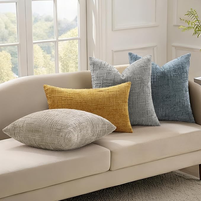 decorUhome Fall Light Brown Chenille Throw Pillow Covers 16x16 Set of 2 Thick Textured Slubby Couch Pillow Covers Farmhouse Accent Modern Neutral Decorative Pillow Cases for Bed Sofa Living Room