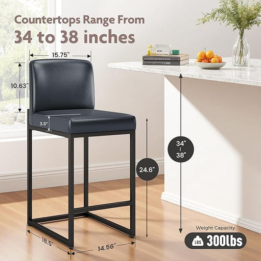 ALPHA HOME 24 Inch Bar Stools Set of 3, Kitchen Counter Stools with Backs, PU Leather Barstools, Kitchen Stools with Back&Upholstered Footrest, Sturdy Chromed Metal Steel Frame, Midnight Blue