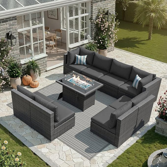 NICESOUL 9 Piece Modern Outdoor Furniture Set with Fire Pit Table, 8 Seat L-Shaped Extra Large Sectional Sofa Sets, 29.3'' High Back Comfy Modular Wicker Conversations, Natural Gas & Propane, Grey