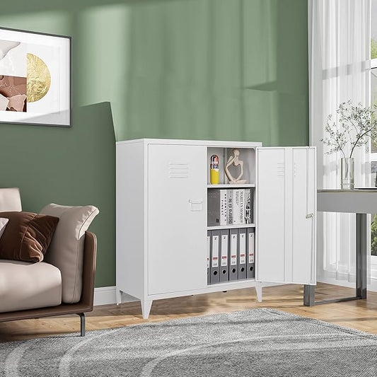 SISESOL White Metal Cabinet with Doors and Shelves,40" Metal Storage Cabinet with Lock Door Adjustable Shelf,File Cabinets for Home Office,School,Kitchen,Garage Storage Tool Cabinets
