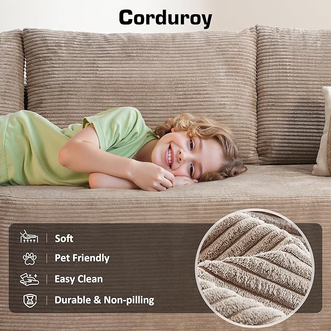106" Cloud Sectional Couch with Chaise Lounge,L Shaped Modular Modern Sofa,Comfy Corduroy Fluffy Couches with Deep Seat,No Assembly Required Couch for Living Room(Right,Stripe Corduroy,Camel)