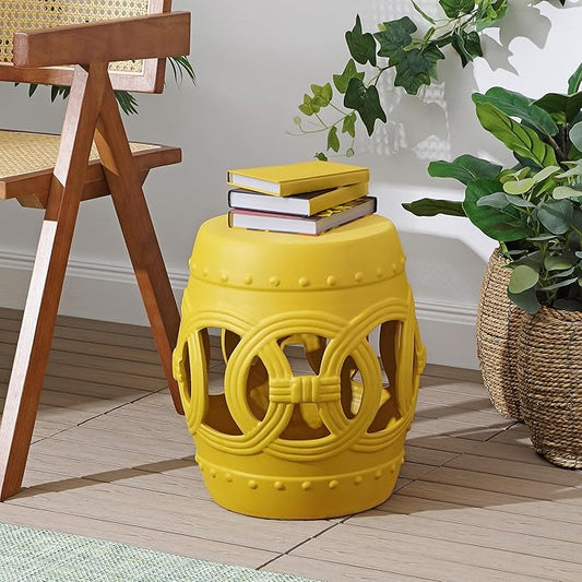 JONATHAN Y TBL1022E Lucky Coins 16" Chinese Ceramic Drum Indoor/Outdoor Garden Stool Bohemian, Coastal, Cottage, French Country, Traditional, for Living Room, Garden Room, Patio, Matte Yellow