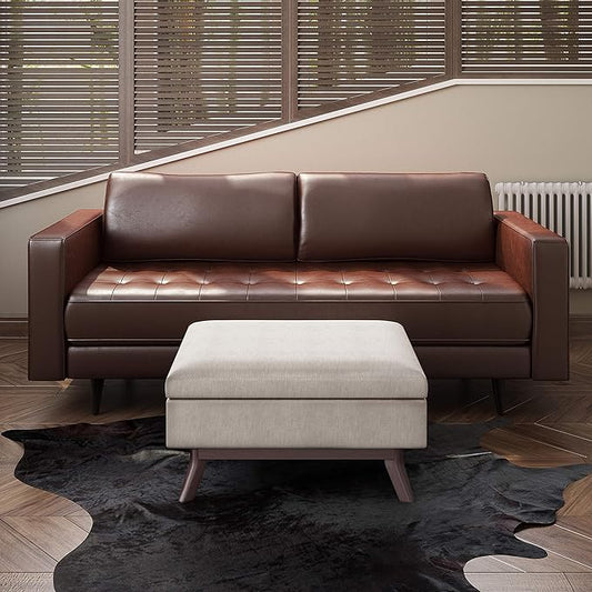 SIMPLIHOME Owen 34 inch Wide Mid Century Modern Rectangle Coffee Table Storage Ottoman in Natural Linen Look Fabric, Assembled, for the Living Room, Entryway and Family Room