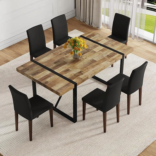 Dining Table Set for 6,Dinner Table Set for 6,71'' Kitchen Table and PU Leather Chairs Set of 6,6 Chair Dining Table Set for Kitchen Dining Room