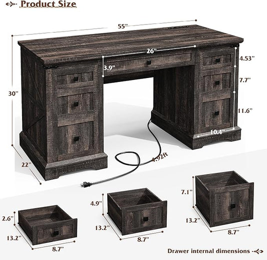 EnHomee 58" W Farmhouse Executive Desk with Drawers, Wood Home Office Desks with Power Outlets, Rustic Computer Desk with Storage Cabinet for Working, Studying, Writing, Dark Rustic Oak