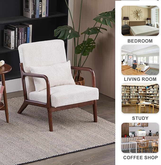 Accent Chairs, Set of 2 Mid-Century Modern Chair with Pillow, Armchair with Solid Wood, Reading Relaxing Leisure Chair for Living Room(White)