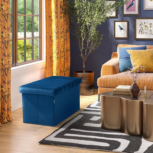 Seville Classics Cushioned Fabric Ottoman Hidden Storage Chest Footrest Chair, Padded Seat for Bedroom, Dorm, Loft, Living Room, Entryway, Hallway, Blue Velvet, 30" Bench