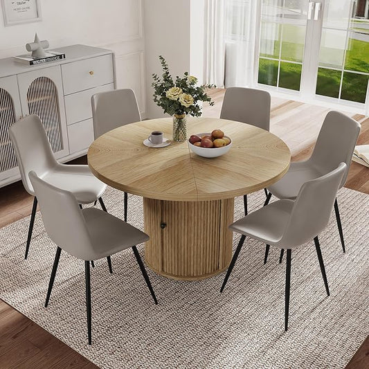 Round Dining Table Set for 6 with Two Storage, 47" Round Dining Table with 6 PU Leather Chairs, 7 Piece Kitchen Table Chairs Set of 6 with 1.7” Thick Wood Top, Roman Column Pedestal, Space-Saving