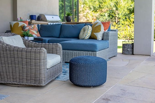 BIRDROCK HOME Outdoor Pouf Ottoman | Hand Woven Waterproof Foot Stool with Bead Bag Filling | Boho Foot Rest for Patio, Living Room, Porch & Outdoor Seating | Lightweight, Soft Stuffed Chair | Navy