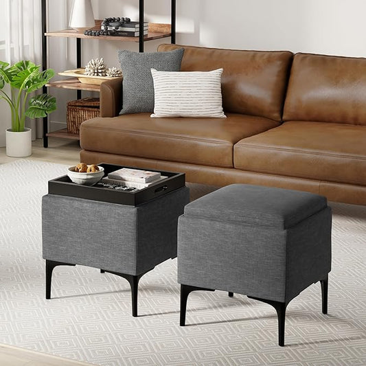 SIMPLIHOME Natasha 18 inch Wide Mid Century Square Mid Century Storage Ottoman with Tray in Slate Grey Polyester Linen, Assembled, For the Living Room, Entryway and Family Room