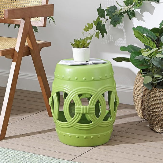JONATHAN Y TBL1022H Lucky Coins 16" Chinese Ceramic Drum Indoor/Outdoor Garden Stool Bohemian, Coastal, Cottage, French Country, Traditional, for Living Room, Garden Room, Patio, Matte Green