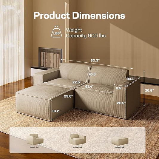 Marsail Modular Sectional Sofa, 80" L-Shaped Modular Sectional Couch with Deep Seat, Freely Combinable Sectional Clound Sofa for Living Room, No Assembly, Plush Corduroy Fabric, Beige
