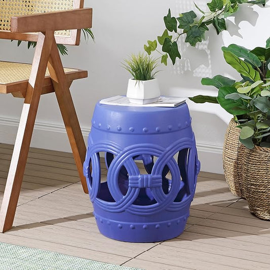 JONATHAN Y TBL1022D Lucky Coins 16" Chinese Ceramic Drum Indoor/Outdoor Garden Stool Bohemian, Coastal, Cottage, French Country, Traditional, for Living Room, Garden Room, Patio, Matte Blue