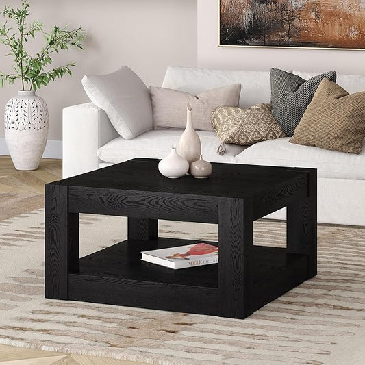 Henn&Hart 32" Wide Square Coffee Table in Natural Black, for Home, Living Room, Bedroom, Entertainment Room, Office