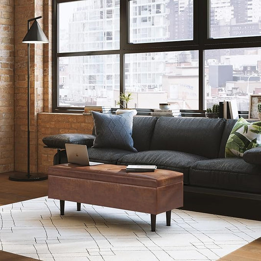 SIMPLIHOME Shay 48 inch Wide Mid Century Modern Rectangular Storage Ottoman in Distressed Saddle Brown Vegan Faux Leather, Assembled, For the Living Room, Entryway and Family Room