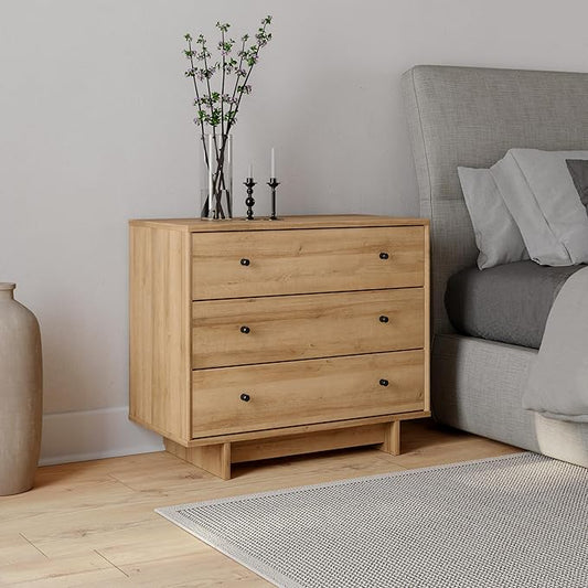 Prepac Finnley 3-Drawer Nightstand in Natural Oak, Extra-Wide Bedside Tables with Storage, Set of 2, Modern End Tables for Home & Bedroom, 16" D x 31" W x 26.75" H
