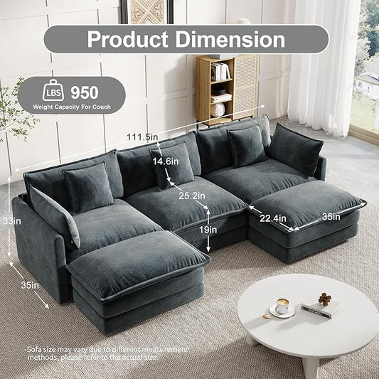 Modular Sectional Sofa, U-Shaped Cloud Sofa with Deep Seat, 111.5 Inch Chenille Sofa with Movable Ottoman, 3-Self Sectional Sofa for Living Room Apartment, Gray