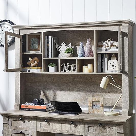 OKD Farmhouse Hutch for 60" Executive Desk, Office Desk Storage Cabinet with Glass Doors and Shelves, Top Hutch Organizer for Home Office - Light Rustic Oak