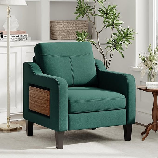 Accent Chair for Living Room Modern Linen Upholstered Armchair Side Wooden Fabric Sofa Chair with Foldable Table 2 Side Pockets Comfy Reading Chair for Bedroom