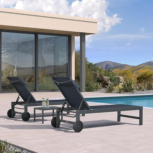 PURPLE LEAF Patio Lounge Chair Set of 3 Outdoor Chaise Lounger Aluminum Frame with Side Table and Wheels for Pool Outside Sunbathing Tanning Recliner Including Pillows Navy Blue