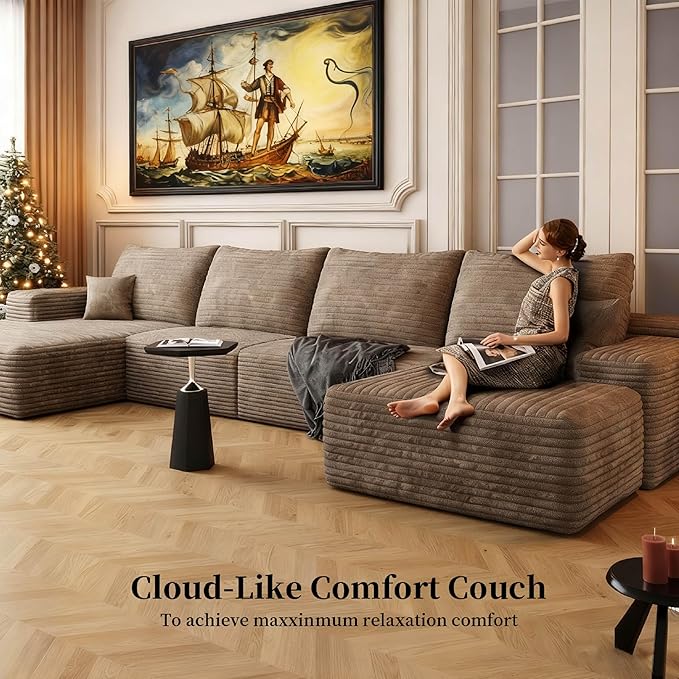 135.4" Large Cloud Modular Sectional Couch with Ottoman, Minimalist Upholstered Couches, Comfort U Shaped Sofa for Living Room,Deep Seat Corner Couch,No Assembly Required (Camel,Left Facing Chaise)