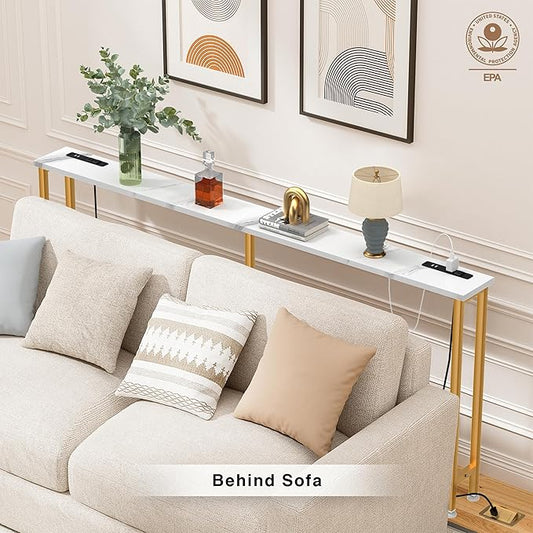 90Inch Console Table with Outlet, Sofa Table with Charger,Skinny Hallway Table, Narrow Entryway Table,Table Behind Sofa,for Living Room,Gold & White