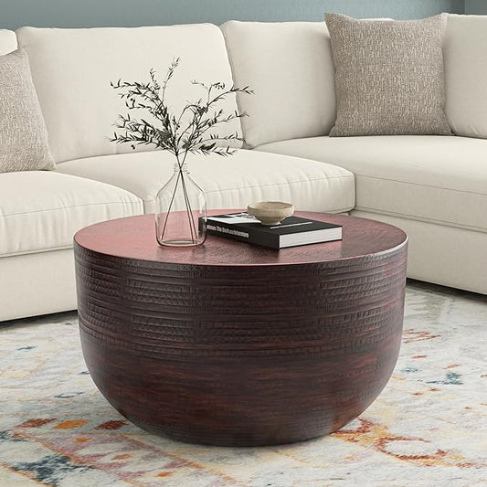SIMPLIHOME Johnsen 30-inch Wide Metal Drum Coffee Table in Oil Rubbed Bronze, Boho-Style Cocktail Table for Living Room or Family Room, Assembled