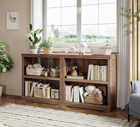 LINSY HOME 2-Tier Bookcase and Bookshelf, Small Wood Display Storage Shelves Farmhouse Bookshelf for Home Office, Living Room, Bed Room - Dark Brown