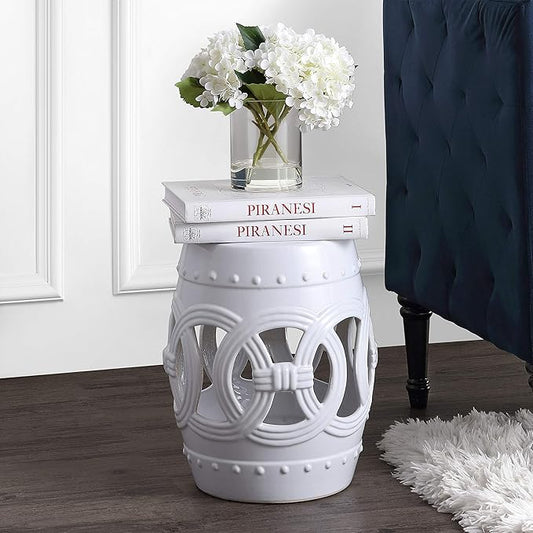 JONATHAN Y TBL1022A Lucky Coins 16" Chinese Ceramic Drum Indoor/Outdoor Garden Stool, Bohemian, Coastal, Cottage, French Country, Traditional, Spill-Proof, Living Room, Garden Room, Patio, White
