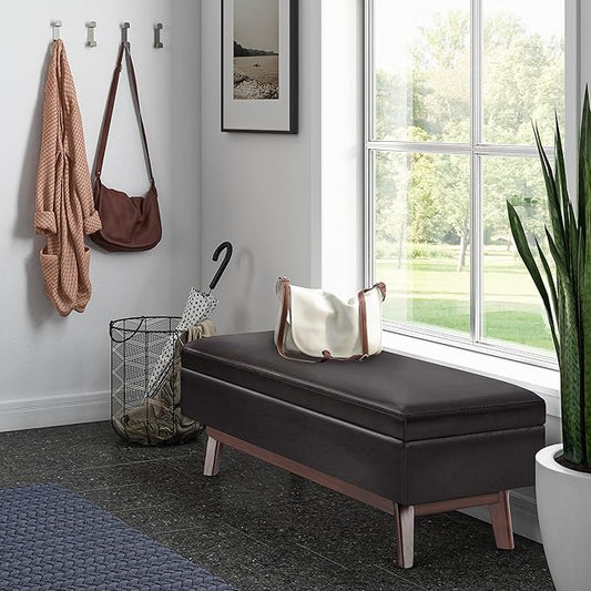 SIMPLIHOME Owen 48 inch Wide Mid Century Modern Rectangle Rectangular Storage Ottoman in Tanners Brown Vegan Faux Leather, Assembled, for the Living Room, Entryway and Family Room