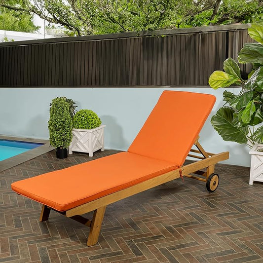 JONATHAN Y LNG1000C Mallorca 77.56"x23.62" Modern Classic Adjustable Acacia Wood Chaise Outdoor Lounge Chair with Cushion & Wheels Coastal, Bohemian, Minimalist, Traditional, Orange/Natural