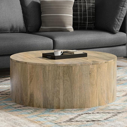 SIMPLIHOME Millbury Drum Coffee Table - 36 inch Wide Solid Mango Wood Round Living Room Table in Briarsmoke, Contemporary Cocktail Table for Family Room or Lounge with Large Surface, Assembled