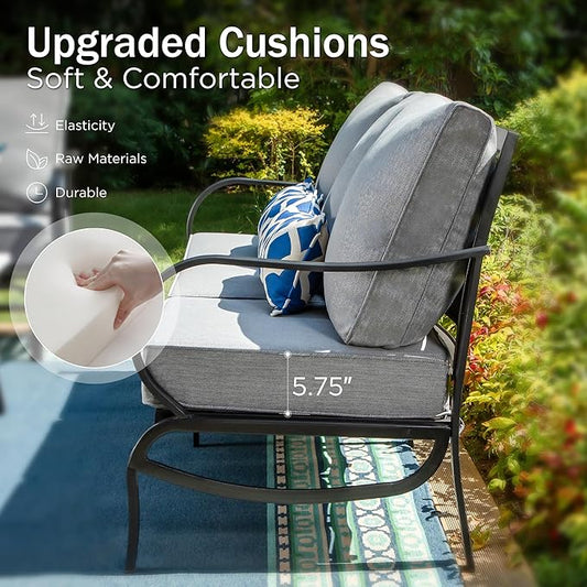 PHI VILLA 6 Piece Patio Furniture Sets with 1 x 3-Seat Deep Seating Bench, 2 x Cushioned Swivel Sofa Chairs, 1 x Coffee Table & 2 Ottoman, Outdoor Metal Conversation Set for Lawn Garden Yard,Grey