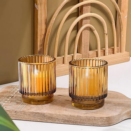 Kate Aspen Vintage Glass Tealight & Amber Votive Candle Holders (Set of 6) – Rustic Fluted Candle Holder Set, Boho Home Decor, Wedding Table Centerpieces, Farmhouse Kitchen Table Decor