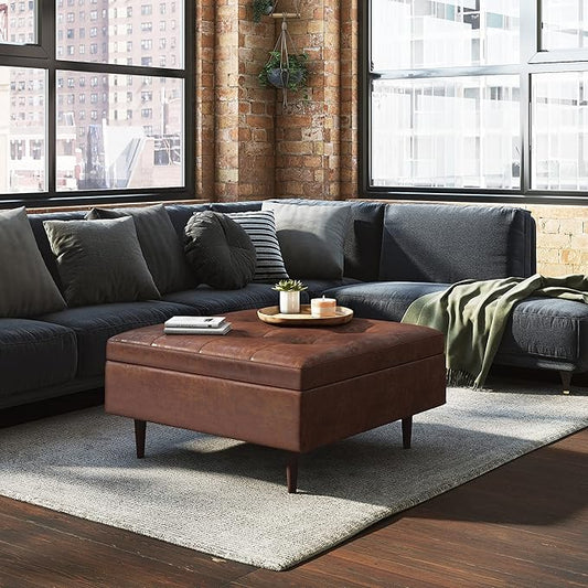 SIMPLIHOME Shay 38 inch Wide Mid Century Modern Large Square Coffee Table Storage Ottoman in Distressed Saddle Brown Vegan Faux Leather, Assembled, For the Living Room, Entryway and Family Room