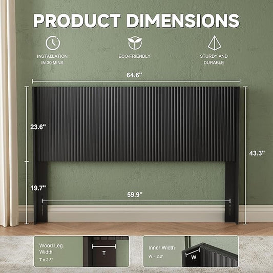 64.6" Wide Wooden Queen Headboard Only, Wingback Boho Headboards, Simple Setup, Modern Farmhouse Headboards with Vertical Grain Design, Wood Headboard Queen Size, Ink Black