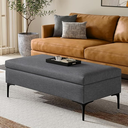SIMPLIHOME Rebecca 48 inch Wide Mid Century Modern Rectangle Large Coffee Table Storage Ottoman with Lift up Lid in Slate Grey Polyester , Assembled, For the Living Room, Entryway and Family Room