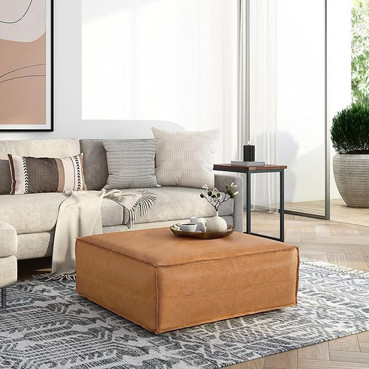 SIMPLIHOME Brody 36-inch Wide Extra Large Square Coffee Table Pouf in Distressed Brown Vegan Faux Leather, Boho-Style Ottoman, Footrest, or Extra Seating for Living Room, Assembled