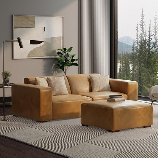 SIMPLIHOME Rex Ottoman in Full-Grain Genuine Leather, Sienna, 34-inches Wide, Modern-Style Table Ottoman or Footrest, Assembled, for Living Room and Family Room