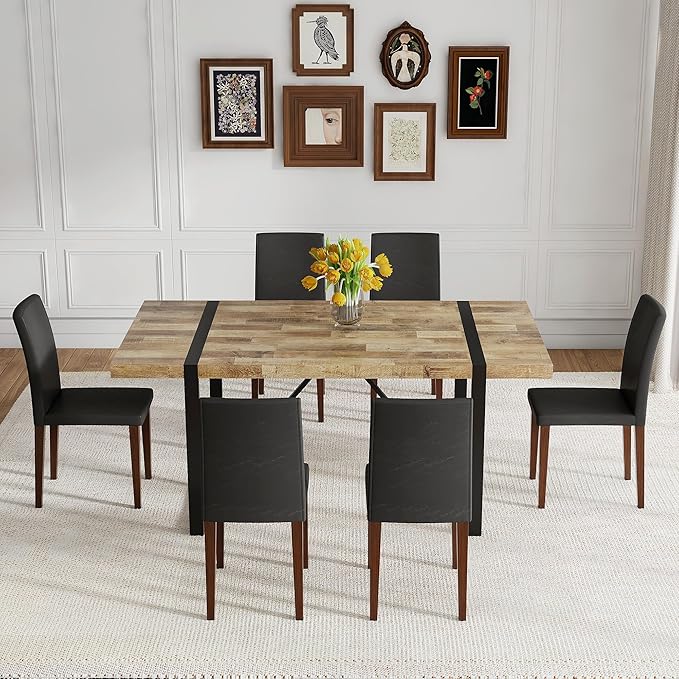 Dining Table Set for 6,Dinner Table Set for 6,71'' Kitchen Table and PU Leather Chairs Set of 6,6 Chair Dining Table Set for Kitchen Dining Room