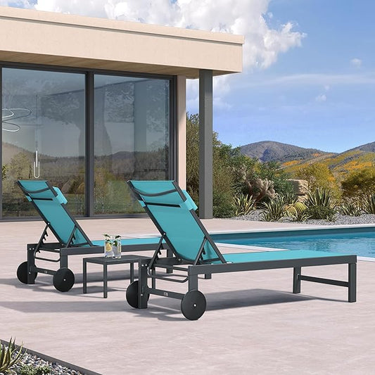 PURPLE LEAF Patio Lounge Chair Set of 3 Outdoor Chaise Lounger Aluminum Frame with Side Table and Wheels for Pool Outside Sunbathing Tanning Recliner Including Pillows Turquoise Blue