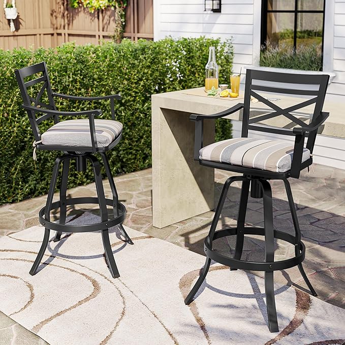 Pellebant 30" Sunbrella Outdoor Bar Stools Set of 8, Aluminum Swivel Patio Bar Height Bar Stools with Back & Footrest, for Deck Lawn Garden(Milano Char)