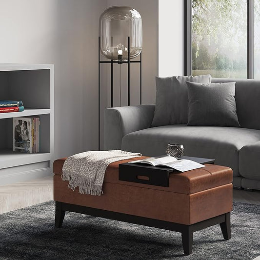 SIMPLIHOME Oregon 42 inch Wide Transitional Rectangle Storage Ottoman Bench with Tray in Distressed Saddle Brown Vegan Faux Leather, Assembled, For the Living Room, Entryway and Family Room