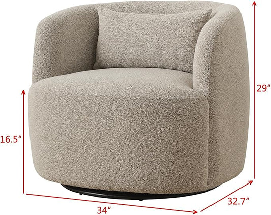 KINWELL 34" Wide Sherpa Swivel Barrel Chairs Set of 2, No Assembly Round Boucle Upholstered Accent Chairs Armchairs Single Sofa Chair with Toss Pillow for Living Room and Bedroom, Taupe