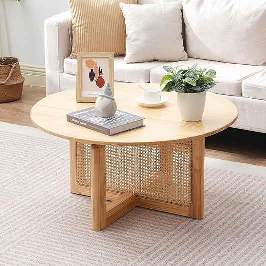 VEVOR Rattan Coffee Table, Round Woven With Rubber Wood Top, 33 in Modern Boho Circular Storage Table With Natural Legs, for Living Room, Bedroom & Small Spaces