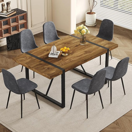 Dining Table Set for 6,Dinner Table Set for 6,71'' Dark Wood Kitchen Table and Suede Nap Fabic Chairs Set of 6,6 Chair Dining Table Set for Kitchen Dining Room