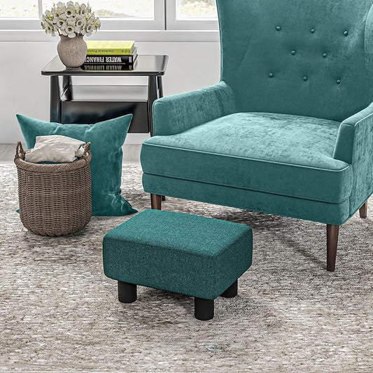 HOMCOM Ottoman Foot Rest, Small Foot Stool with Linen Fabric Upholstery and Plastic Legs, Cube Ottoman for Living Room, Green