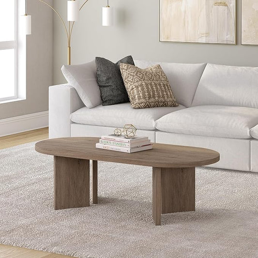 Henn&Hart 48" Oval Wood Low-Profile Coffee Table for Living Room, Family Room or Office, Antiqued Gray Oak