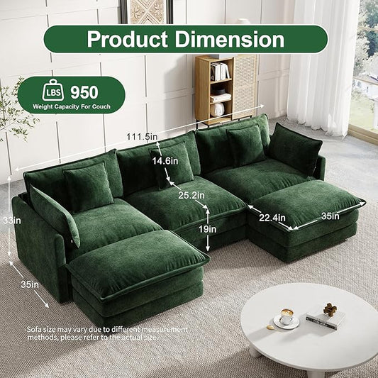 Modular Sectional Sofa, 111.5 Inch U-Shaped Cloud Sofa with Deep Seat Chenille Sofa with Cushions, Three-Self Sectional Sofa for Living Room Apartment,Evergreen