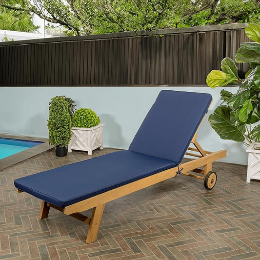 JONATHAN Y LNG1000B Mallorca 77.56"x23.62" Modern Classic Adjustable Acacia Wood Chaise Outdoor Lounge Chair with Cushion & Wheels Coastal, Bohemian, Minimalist, Traditional, Navy/Natural